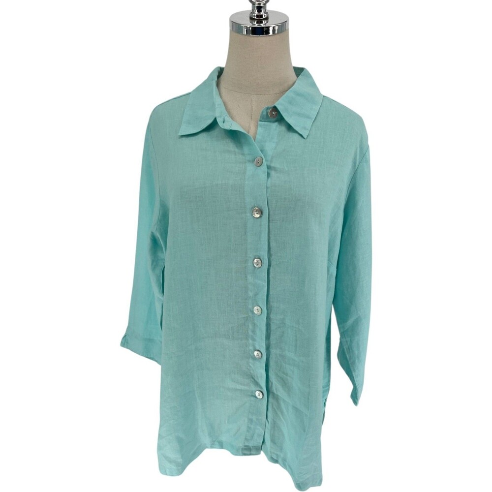 Russ Berens Malibu Linen Top Women's Size Large Aqua Blue Green Button Up